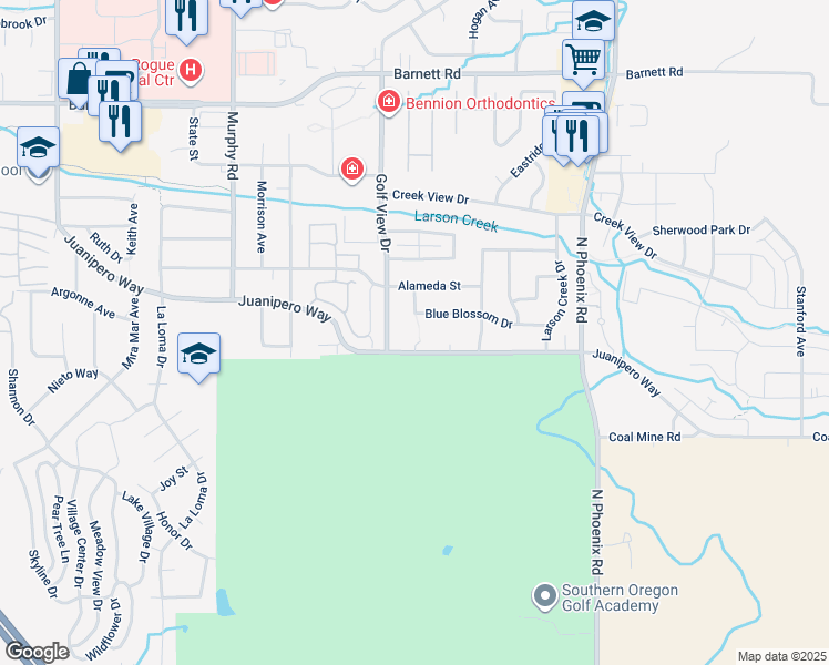 map of restaurants, bars, coffee shops, grocery stores, and more near 932 Rimrock Circle in Medford