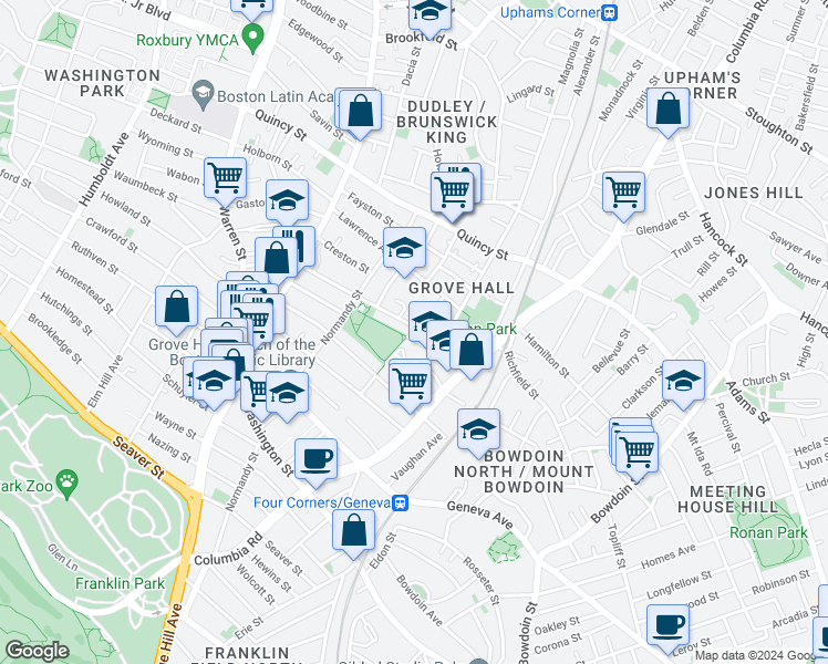 map of restaurants, bars, coffee shops, grocery stores, and more near 117 Intervale Street in Boston