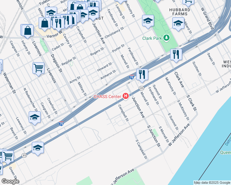 map of restaurants, bars, coffee shops, grocery stores, and more near 760 Campbell Street in Detroit