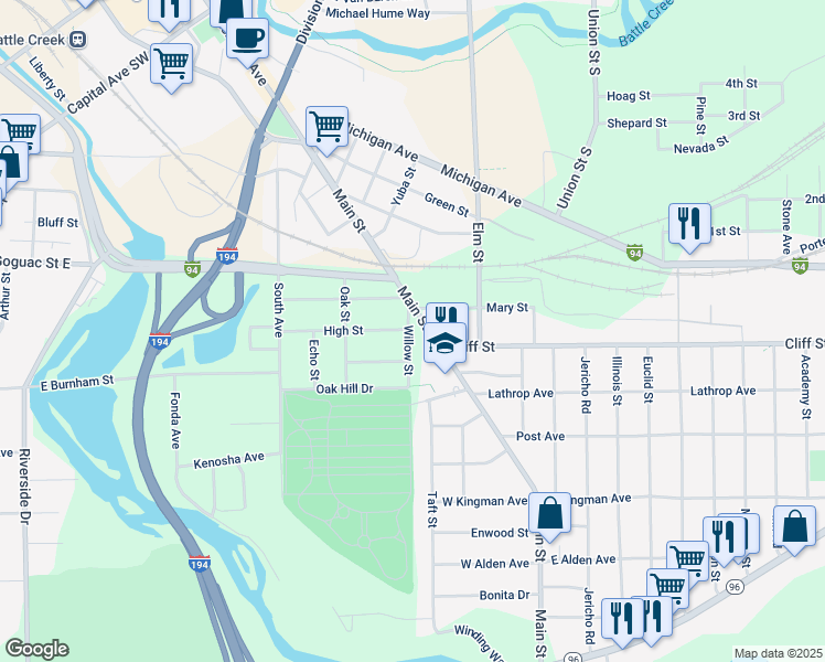 map of restaurants, bars, coffee shops, grocery stores, and more near 242 Main Street in Battle Creek