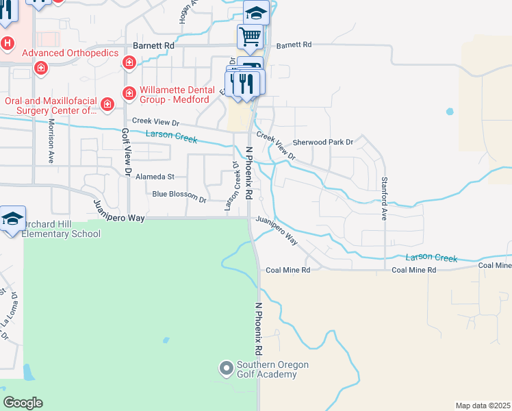 map of restaurants, bars, coffee shops, grocery stores, and more near 3515 Juanipero Way in Medford