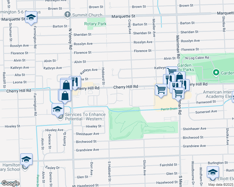 map of restaurants, bars, coffee shops, grocery stores, and more near 293 Waterbury Court in Westland