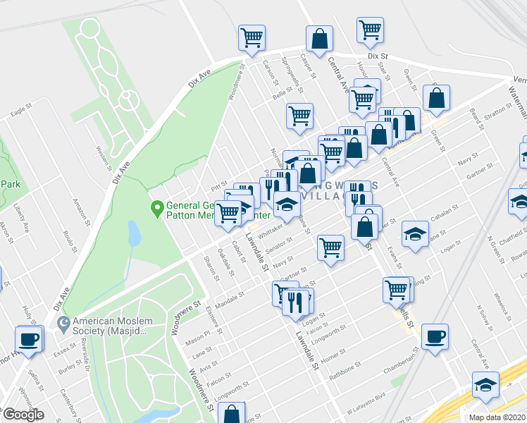 map of restaurants, bars, coffee shops, grocery stores, and more near 8500 W Vernor Hwy in Detroit