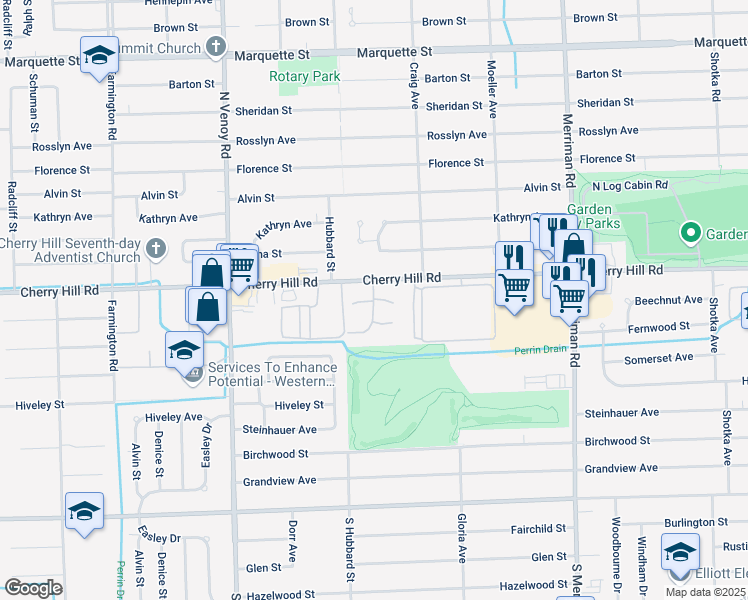 map of restaurants, bars, coffee shops, grocery stores, and more near 233 Waterbury Court in Westland