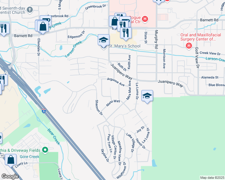 map of restaurants, bars, coffee shops, grocery stores, and more near 1043 Tamara Circle in Medford