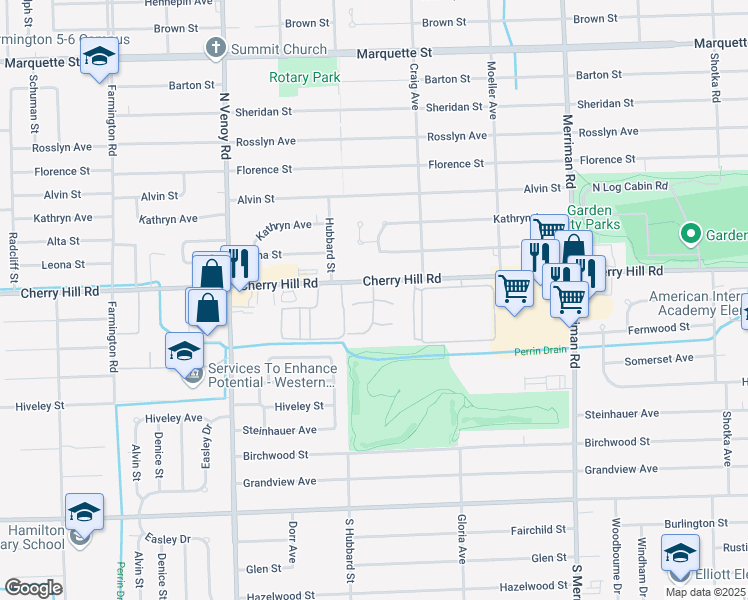 map of restaurants, bars, coffee shops, grocery stores, and more near 167 Waterbury Court in Westland