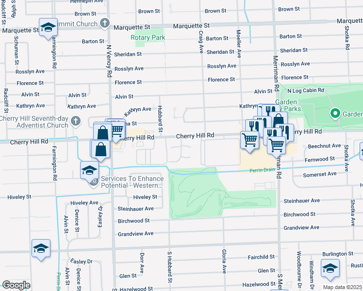 map of restaurants, bars, coffee shops, grocery stores, and more near 149 Waterbury Court in Westland