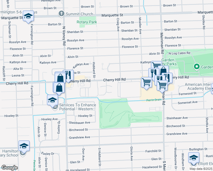 map of restaurants, bars, coffee shops, grocery stores, and more near 100 Waterbury Court in Westland