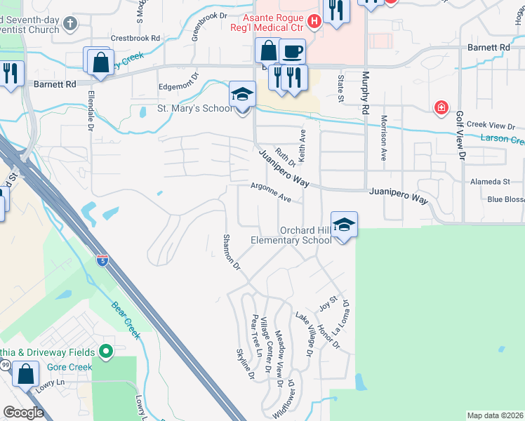 map of restaurants, bars, coffee shops, grocery stores, and more near 1021 Tamara Circle in Medford