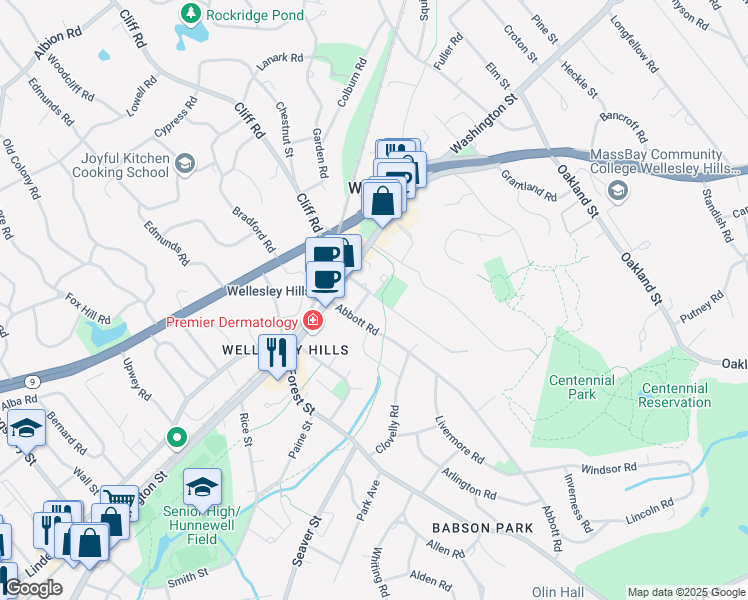 map of restaurants, bars, coffee shops, grocery stores, and more near 27 Bemis Road in Wellesley