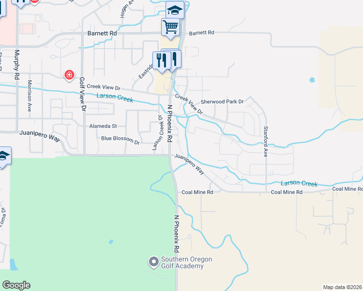map of restaurants, bars, coffee shops, grocery stores, and more near 3575 Juanipero Way in Medford