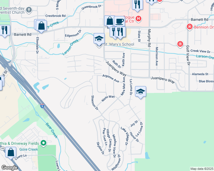 map of restaurants, bars, coffee shops, grocery stores, and more near 1021 Tamara Circle in Medford