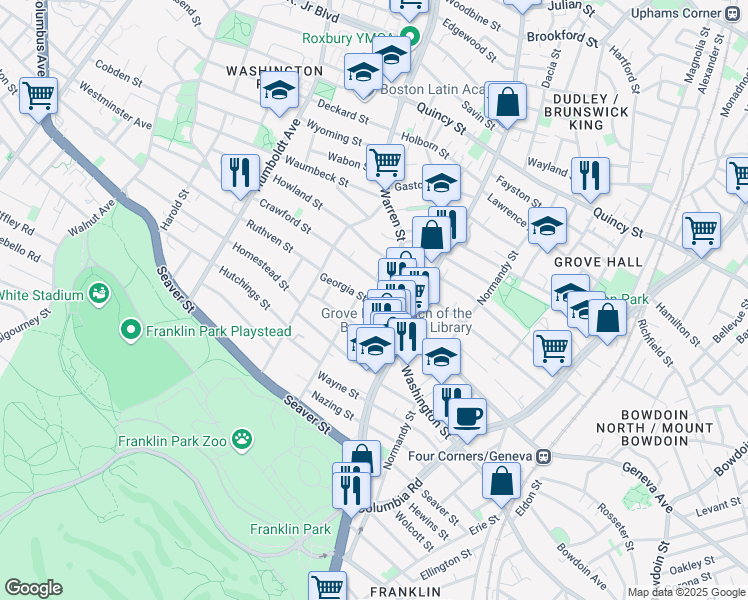 map of restaurants, bars, coffee shops, grocery stores, and more near 2 Crawford Street in Boston
