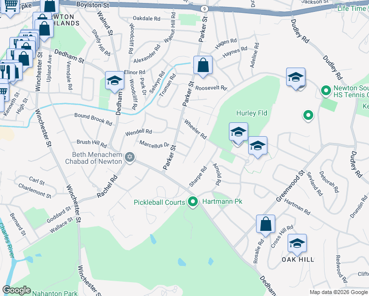 map of restaurants, bars, coffee shops, grocery stores, and more near 15 Jane Road in Newton