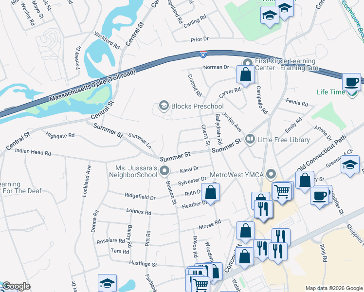 map of restaurants, bars, coffee shops, grocery stores, and more near 25 Wilmont Road in Framingham