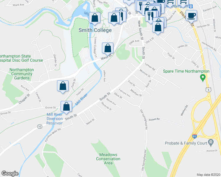 map of restaurants, bars, coffee shops, grocery stores, and more near 221 South Street in Northampton