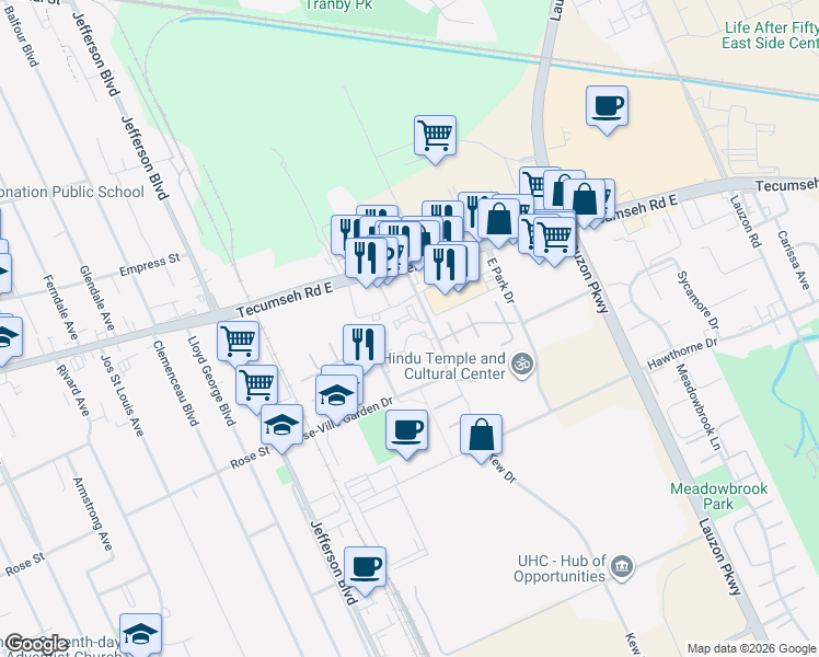 map of restaurants, bars, coffee shops, grocery stores, and more near 2525 Rose-Ville Garden Drive in Windsor