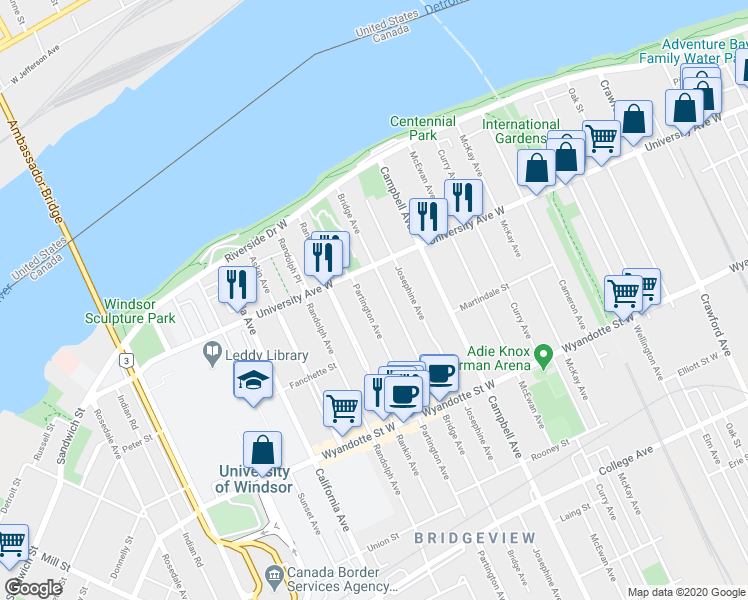 map of restaurants, bars, coffee shops, grocery stores, and more near 319 Bridge Avenue in Windsor