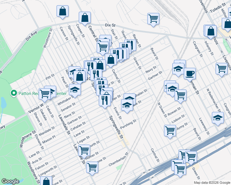 map of restaurants, bars, coffee shops, grocery stores, and more near 7754 Navy Street in Detroit
