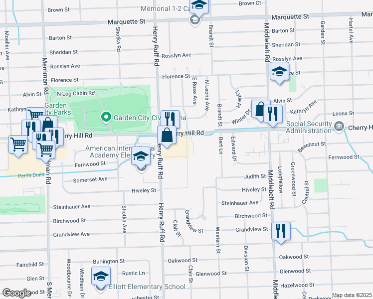 map of restaurants, bars, coffee shops, grocery stores, and more near 30069 Cherry Hill Road in Inkster