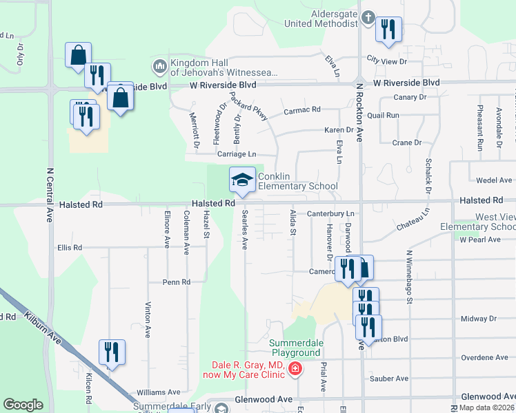 map of restaurants, bars, coffee shops, grocery stores, and more near 2917a Halsted Road in Rockford