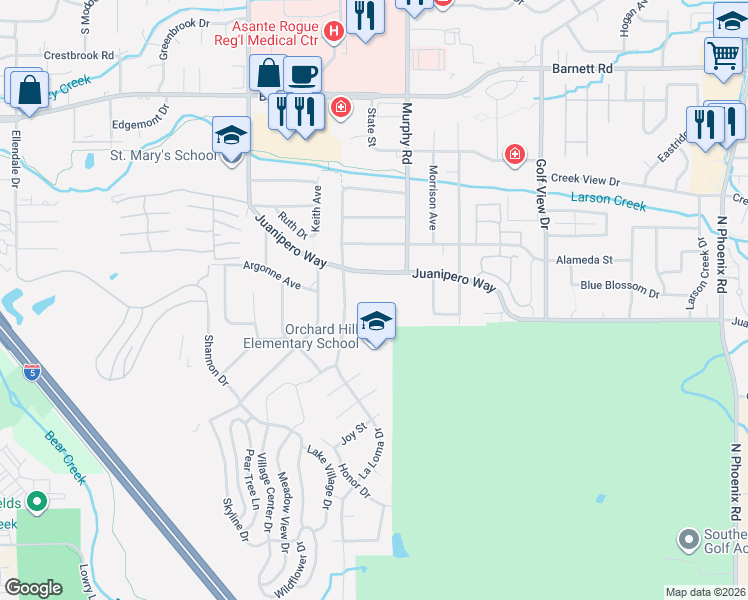map of restaurants, bars, coffee shops, grocery stores, and more near 2850 Juanipero Way in Medford