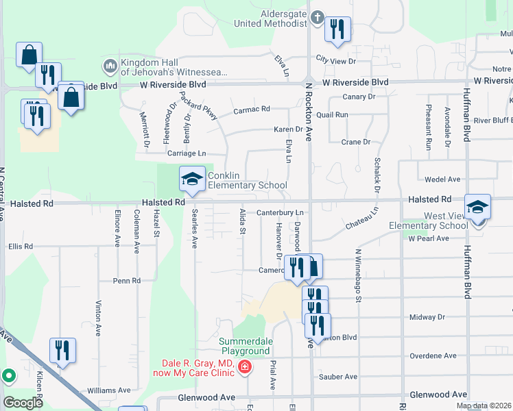 map of restaurants, bars, coffee shops, grocery stores, and more near 2808 Halsted Road in Rockford