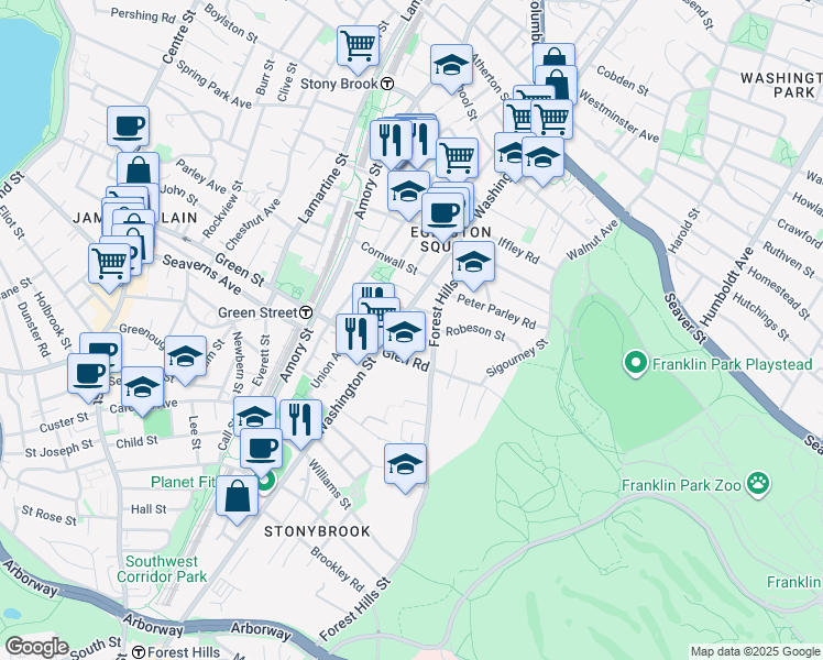 map of restaurants, bars, coffee shops, grocery stores, and more near 5 Sylvia Street in Boston
