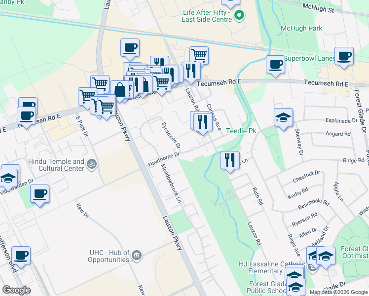 map of restaurants, bars, coffee shops, grocery stores, and more near 7710 Hawthorne Drive in Windsor