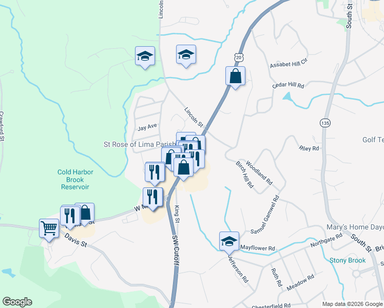 map of restaurants, bars, coffee shops, grocery stores, and more near 244 West Main Street in Northborough