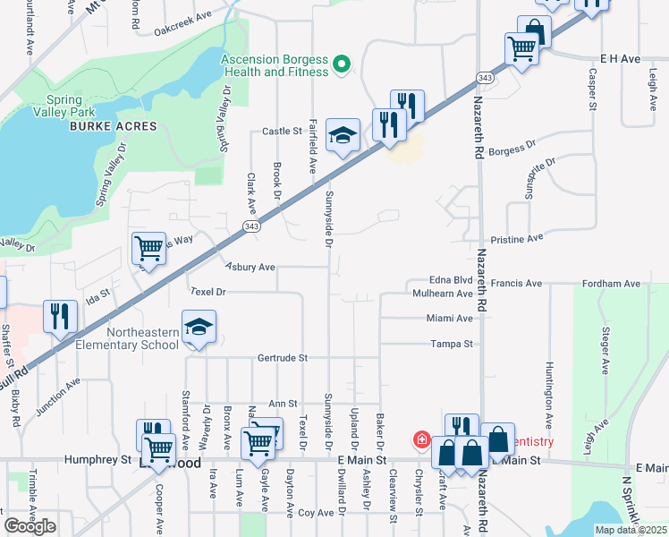 map of restaurants, bars, coffee shops, grocery stores, and more near 1910 Sunnyside Drive in Kalamazoo