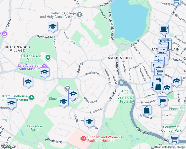 map of restaurants, bars, coffee shops, grocery stores, and more near 40 Woodland Road in Boston