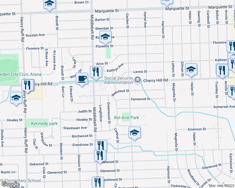 map of restaurants, bars, coffee shops, grocery stores, and more near 28950 Beechnut Street in Inkster