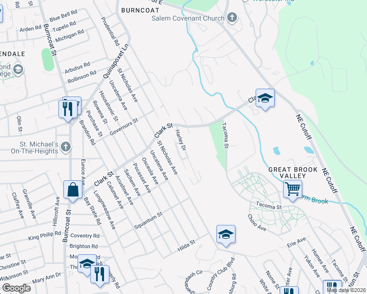 map of restaurants, bars, coffee shops, grocery stores, and more near 75 Harley Drive in Worcester
