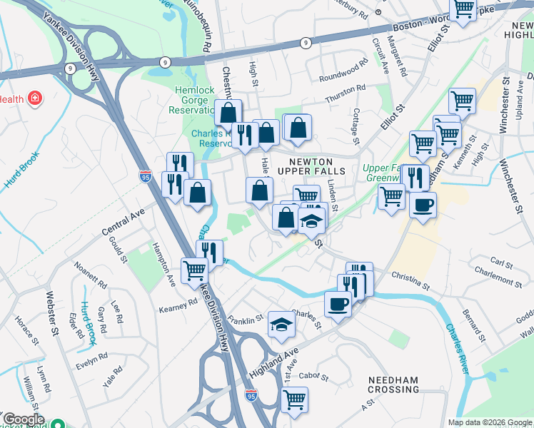 map of restaurants, bars, coffee shops, grocery stores, and more near 56 Indiana Terrace in Newton
