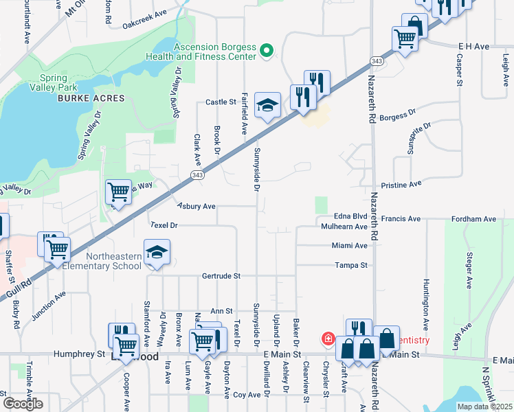 map of restaurants, bars, coffee shops, grocery stores, and more near 1912 Sunnyside Drive in Kalamazoo