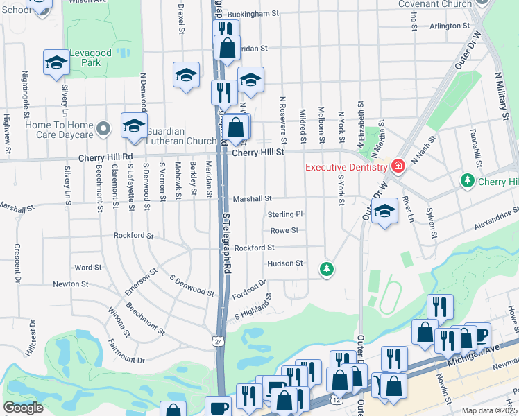map of restaurants, bars, coffee shops, grocery stores, and more near 23801 Marshall Street in Dearborn