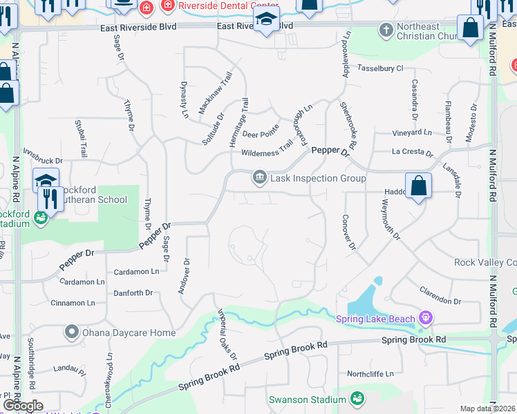 map of restaurants, bars, coffee shops, grocery stores, and more near 5315 Gingeridge Lane in Rockford