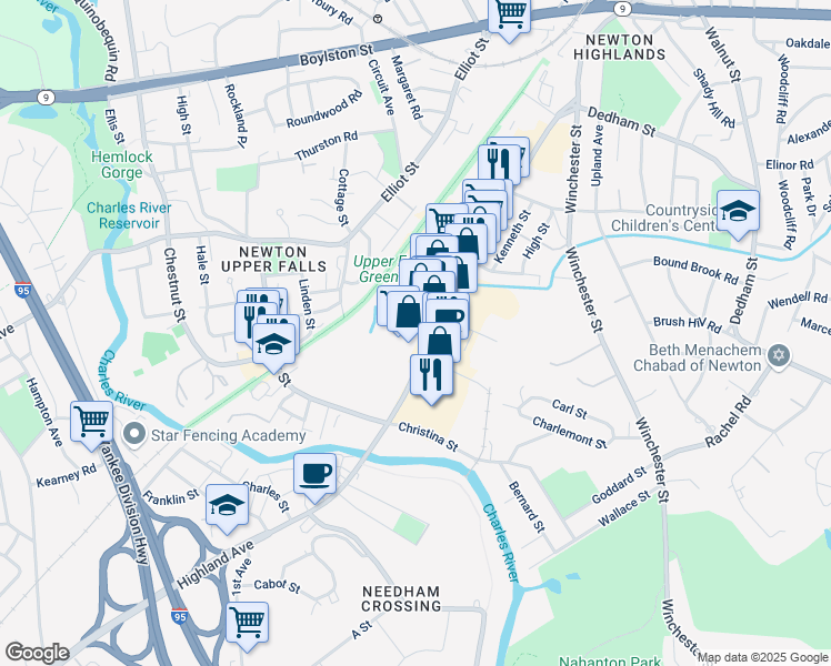 map of restaurants, bars, coffee shops, grocery stores, and more near 30 Tower Road in Newton