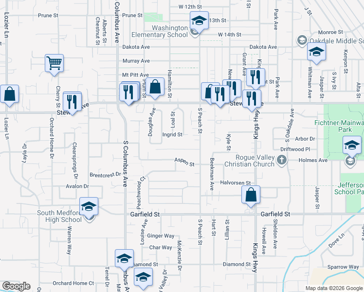 map of restaurants, bars, coffee shops, grocery stores, and more near 1025 Ingrid Street in Medford