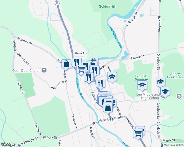 map of restaurants, bars, coffee shops, grocery stores, and more near 0 Center Street in Lee