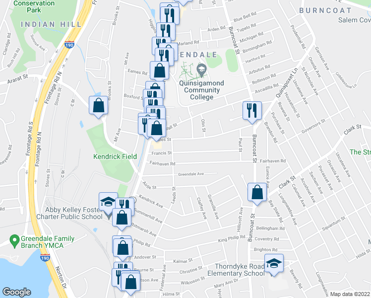 map of restaurants, bars, coffee shops, grocery stores, and more near 51 Francis Street in Worcester