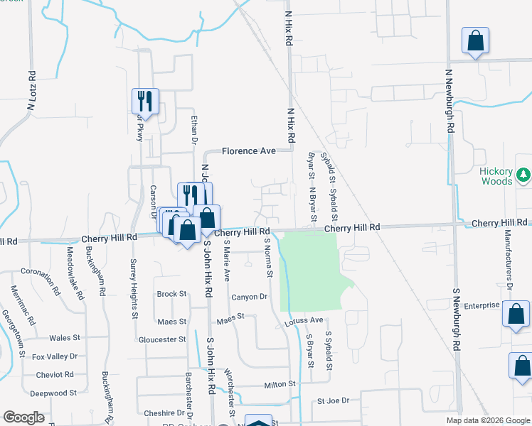 map of restaurants, bars, coffee shops, grocery stores, and more near 332 Marigold Circle in Westland