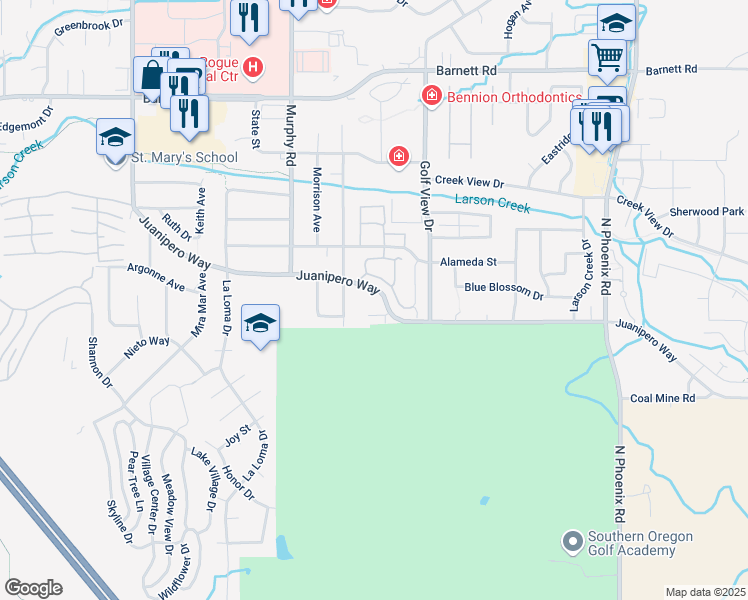 map of restaurants, bars, coffee shops, grocery stores, and more near 3150 Juanipero Way in Medford