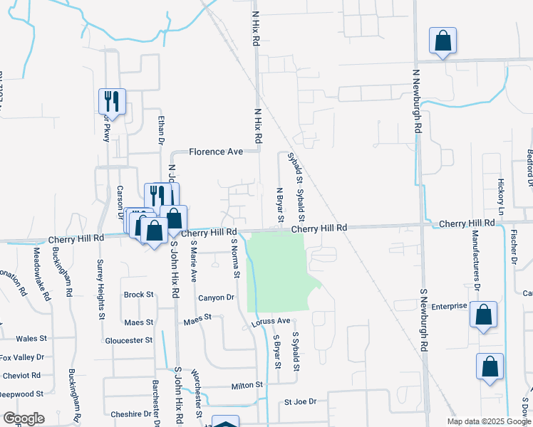 map of restaurants, bars, coffee shops, grocery stores, and more near 156 North Hix Road in Westland