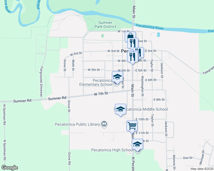map of restaurants, bars, coffee shops, grocery stores, and more near 306 West 6th Street in Pecatonica