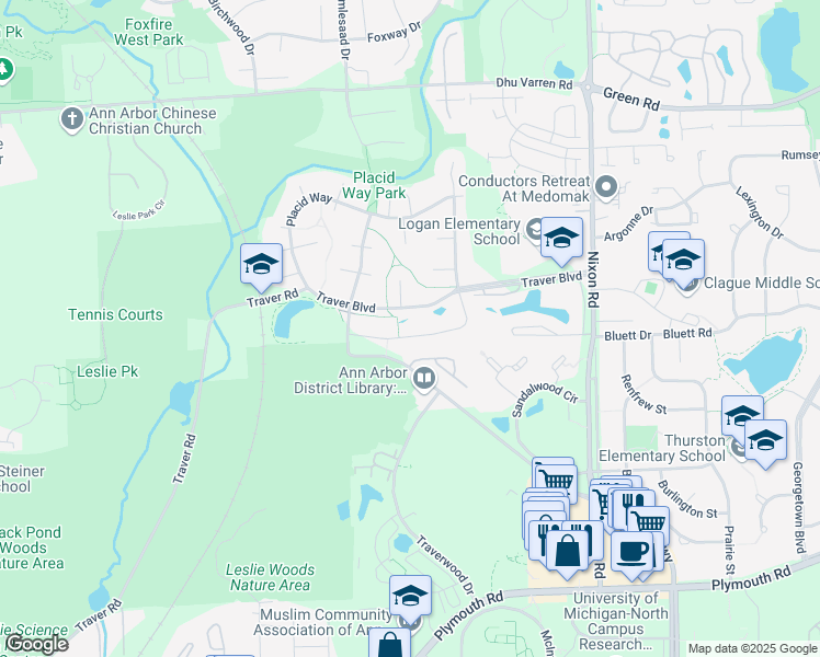 map of restaurants, bars, coffee shops, grocery stores, and more near 2441 Lancashire Drive in Ann Arbor