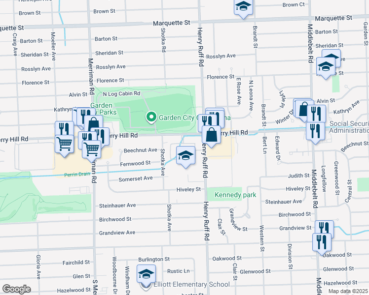 map of restaurants, bars, coffee shops, grocery stores, and more near 130 East Tami Circle in Westland