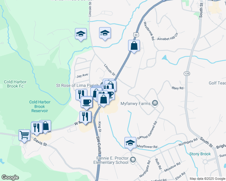 map of restaurants, bars, coffee shops, grocery stores, and more near 235 West Main Street in Northborough