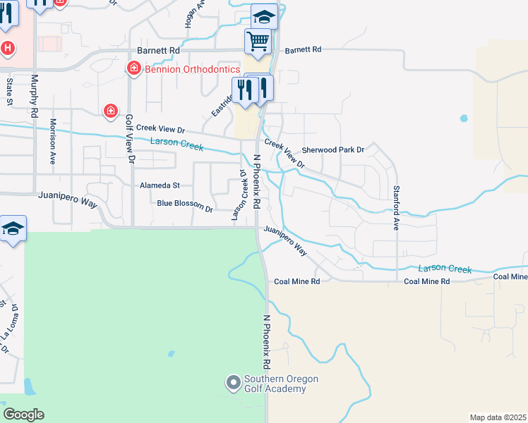 map of restaurants, bars, coffee shops, grocery stores, and more near 1413 Larson Creek Drive in Medford